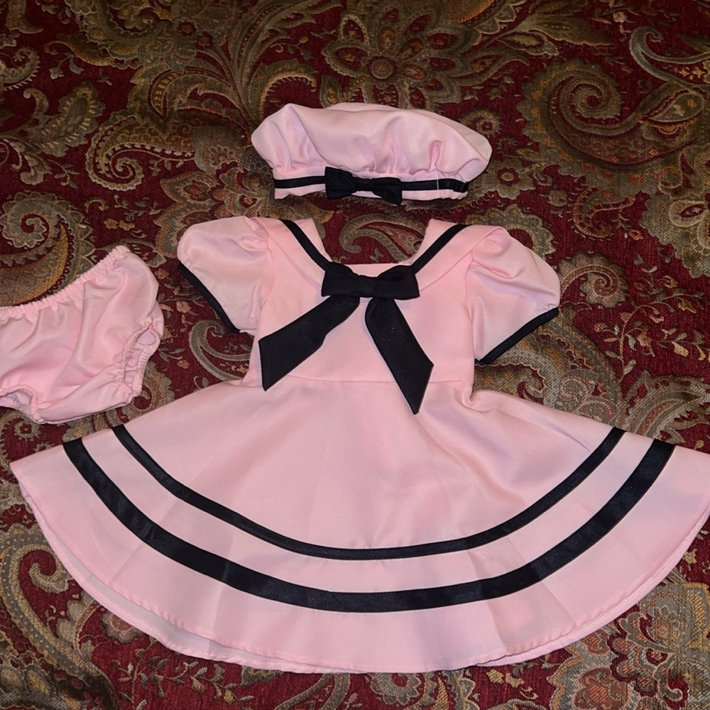 Rare Editions pink and navy dress + hat + bloomer.